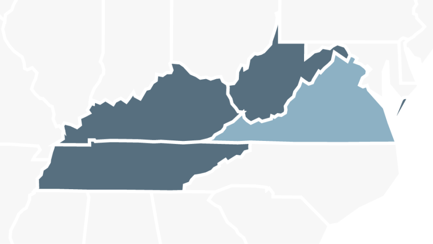 Map of the REL Appalachia region with Virginia highlighted