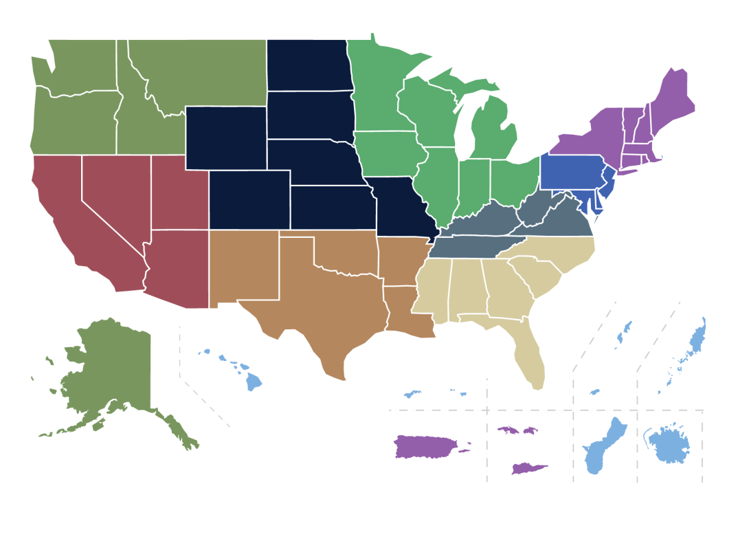 Map of the US with the different REL regions highlighted